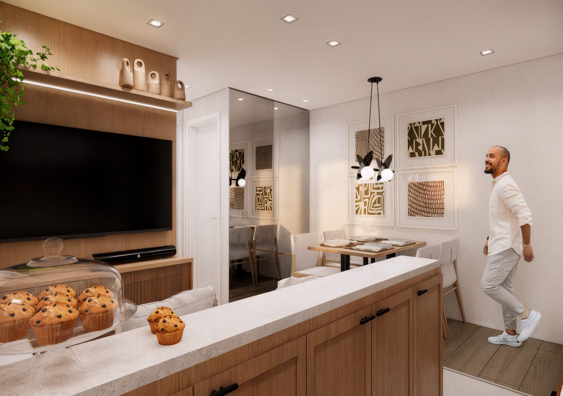 Living integrado de apartamento do OPEN